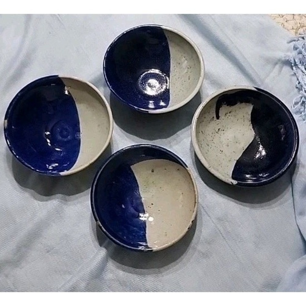 Set Of 4 Handmade Art Pottery Bowls, Cobalt Blue 2 Toned Glaze Signed
